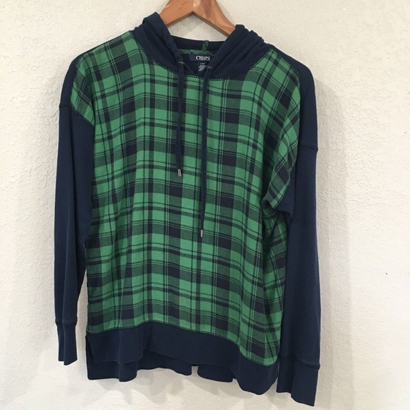 Chaps Denim Women L Sweatshirt Green Hoodie Pullover Colorblock 100%‎ Cotton - Picture 1 of 10